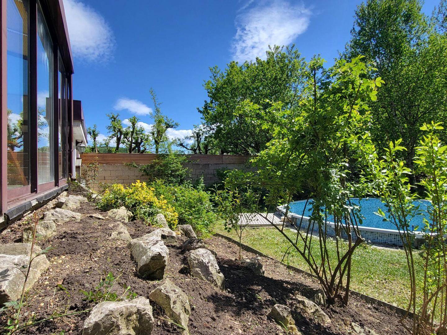 Angelegter Steingartenbereich neben dem Haus mit jungen Pflanzen und Blick auf den Pool.
