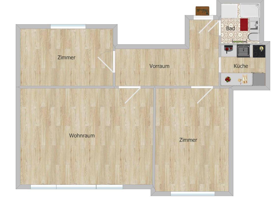 Übersichtlicher Grundriss einer Wohnung mit drei Zimmern, Küche und Bad.