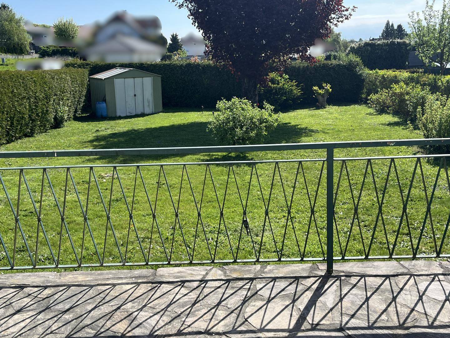 Grüner Garten mit Rasenfläche, Gartenhaus und hohen Hecken, gesehen von einer Terrasse.