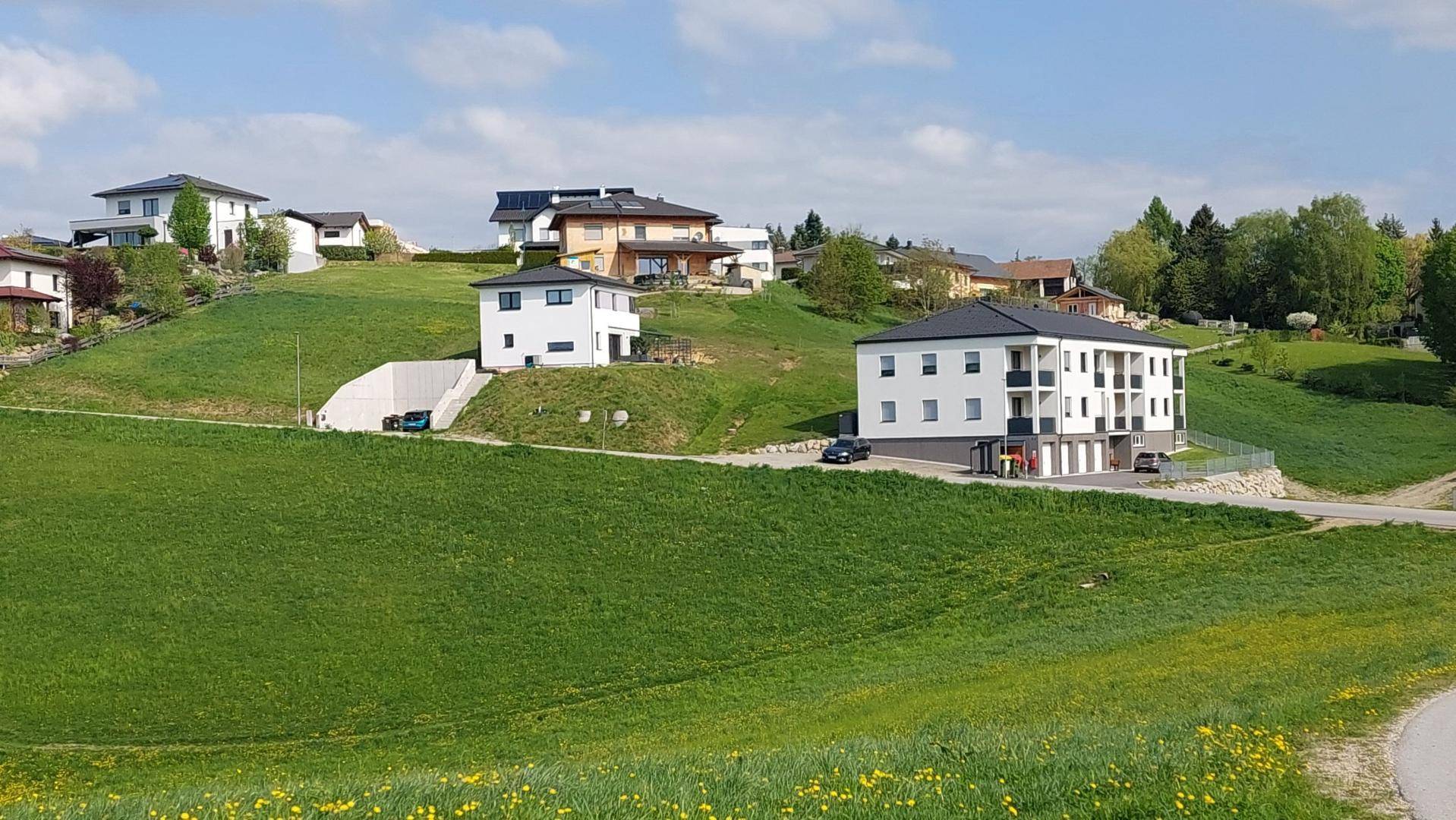Wohngebiet mit mehreren modernen Häusern auf einem grünen Hügel in ländlicher Umgebung.