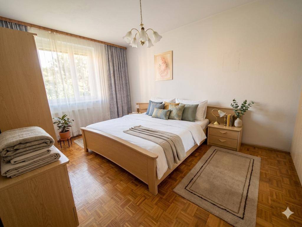 Helles Schlafzimmer mit Doppelbett, Holzmöbeln und Parkettboden, durchflutet von natürlichem Licht.