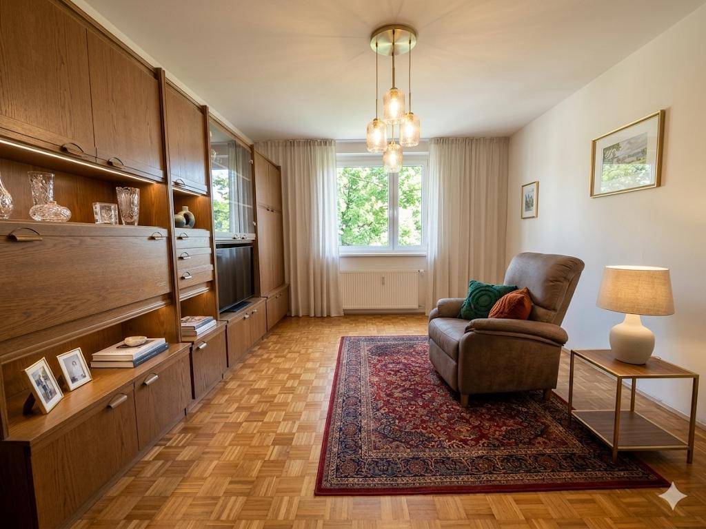 Wohnzimmer mit großer Holzschrankwand, bequemen Sessel und Parkettboden, hell durch Fenster.