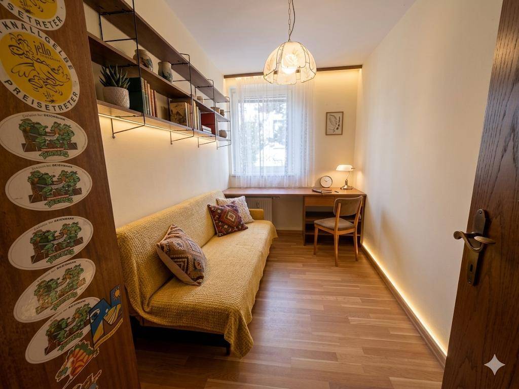 Schmaler Raum mit Schreibtisch, Sofa und Wandregalen, ideal als Arbeits- oder Gästezimmer.