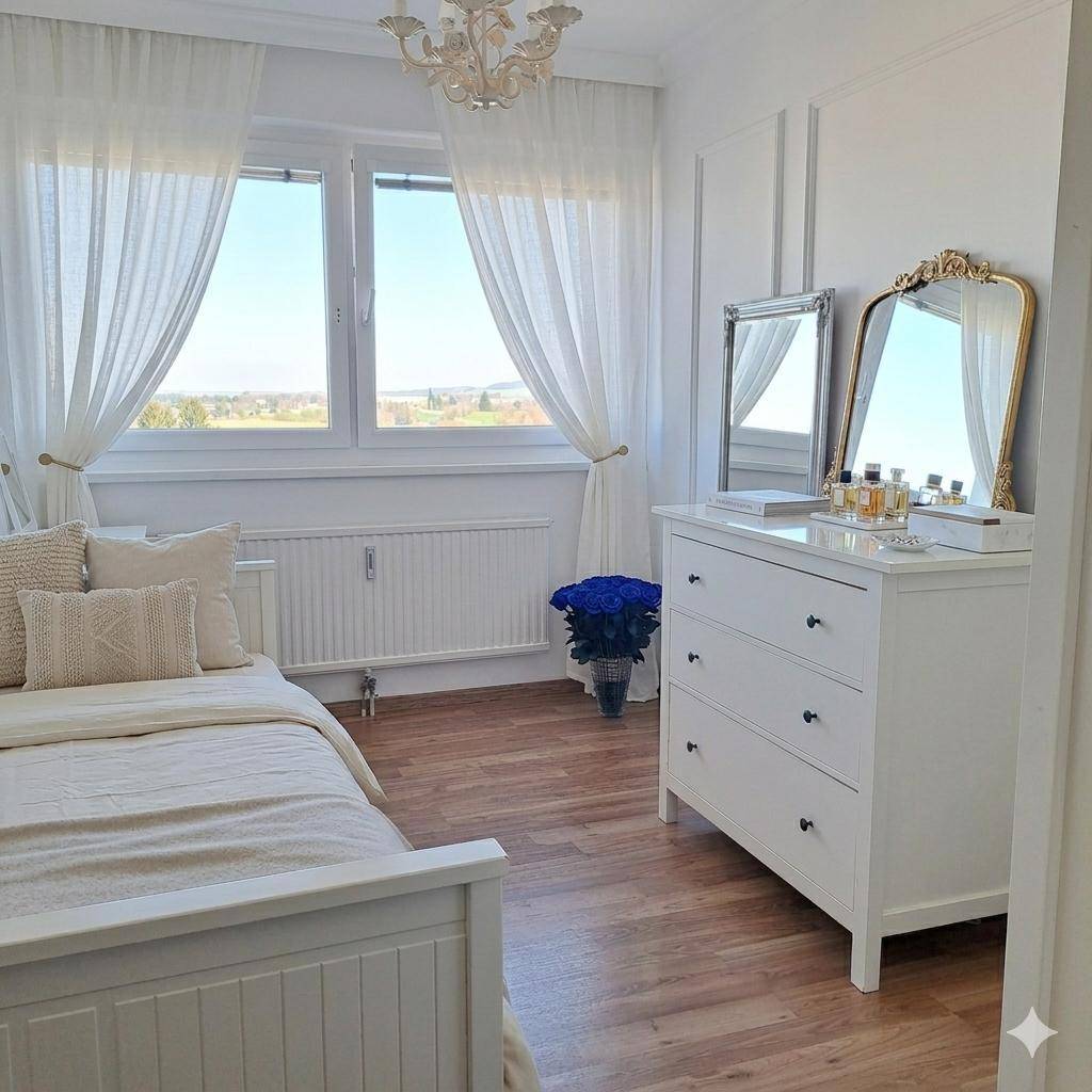 Helles Schlafzimmer mit Einzelbett, Kommode, dekorativen Spiegeln und weitem Ausblick.