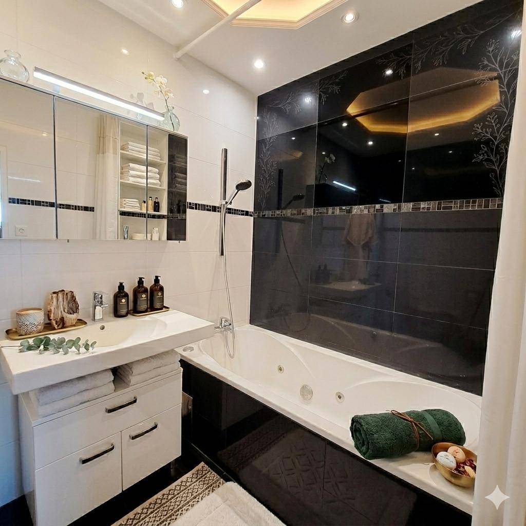 Modernes Badezimmer mit Badewanne, elegantem Waschtisch und stilvollen Schwarz-Weiß-Fliesen.