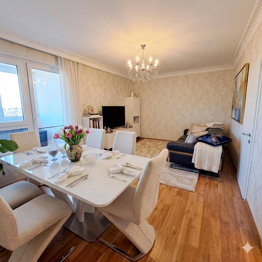 Heller Wohn-Essbereich mit elegantem Esstisch, bequemer Couch und Blick nach draußen.