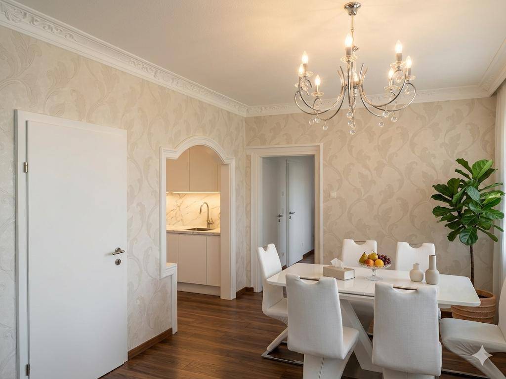 Eleganter Essbereich mit Kronleuchter und einem Durchgang zu einer modernen Küchenzeile.