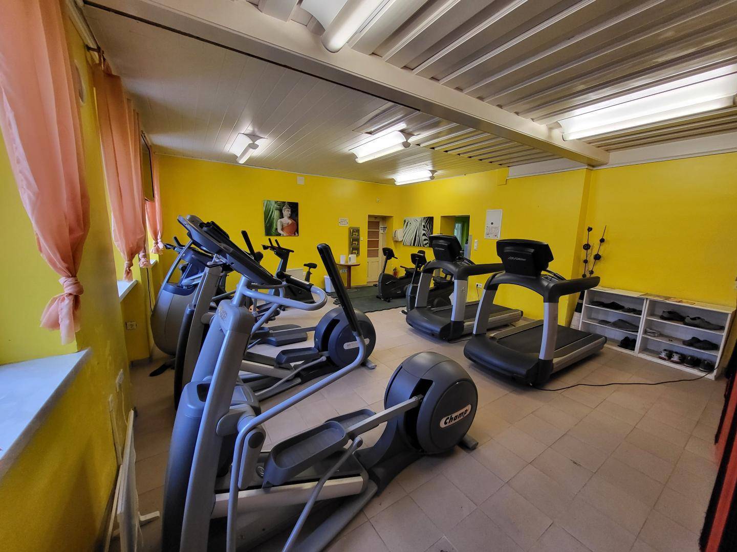 Cardio-Bereich eines Fitnessstudios mit Laufbändern und Crosstrainern, gelbe Wände und Fliesenboden.