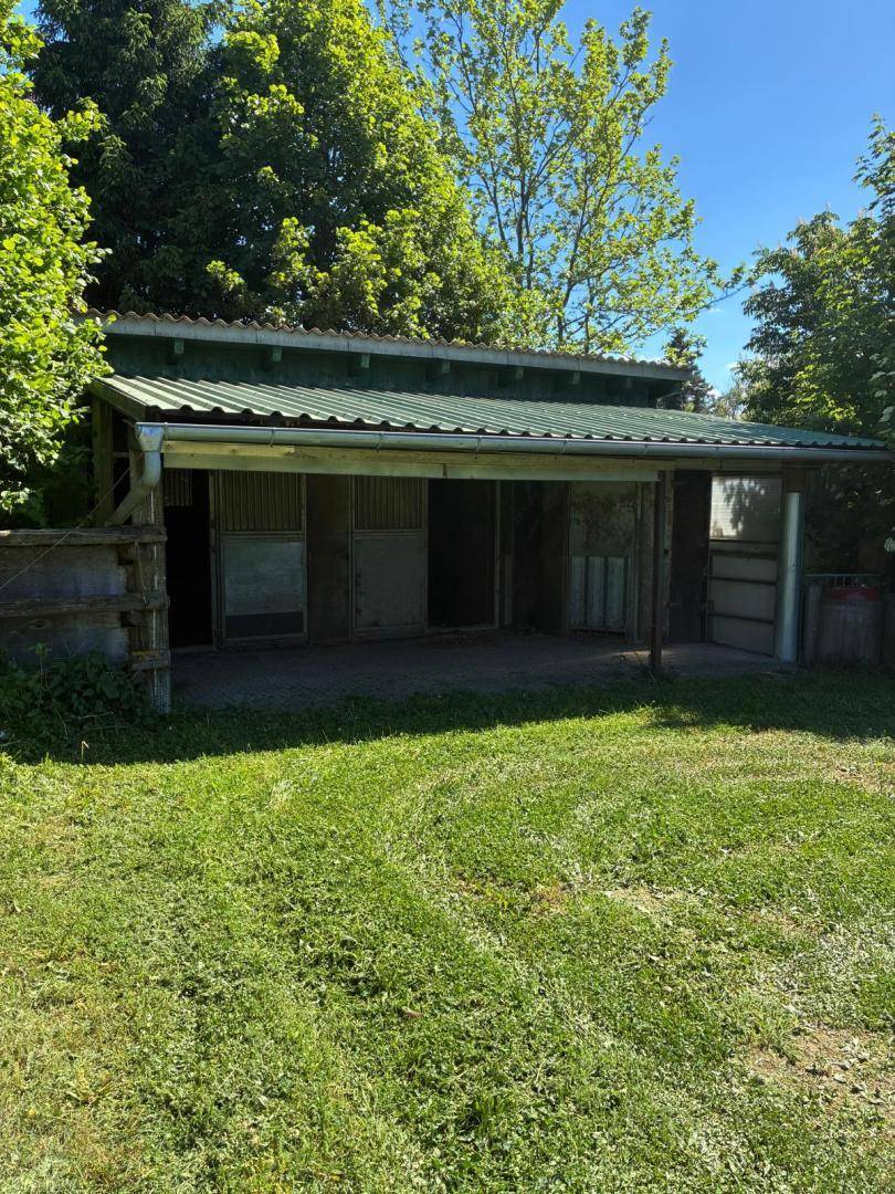 Offener Stall oder Schuppen mit mehreren Boxen und einem grünen Wellblechdach, umgeben von Gras.
