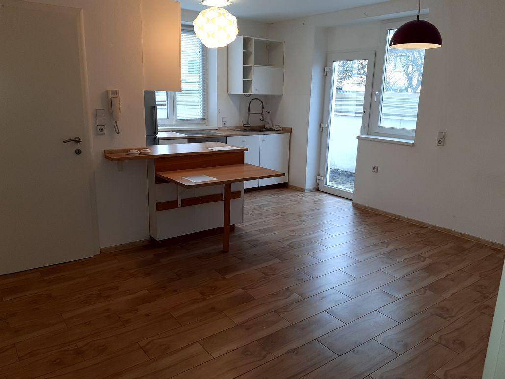 Heller Wohn-Essbereich mit integrierter Küchenzeile, Holzlaminatboden und Zugang zum Außenbereich.