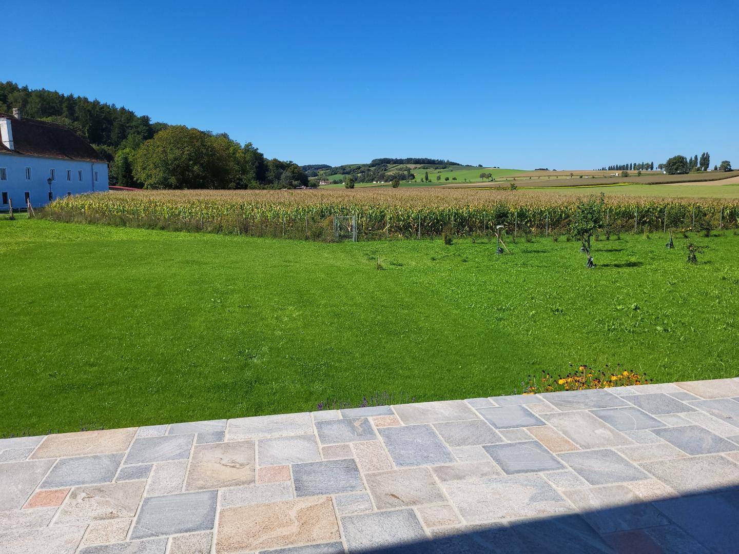 Weitläufiger Blick von der Terrasse über grüne Felder und die umliegende Landschaft.