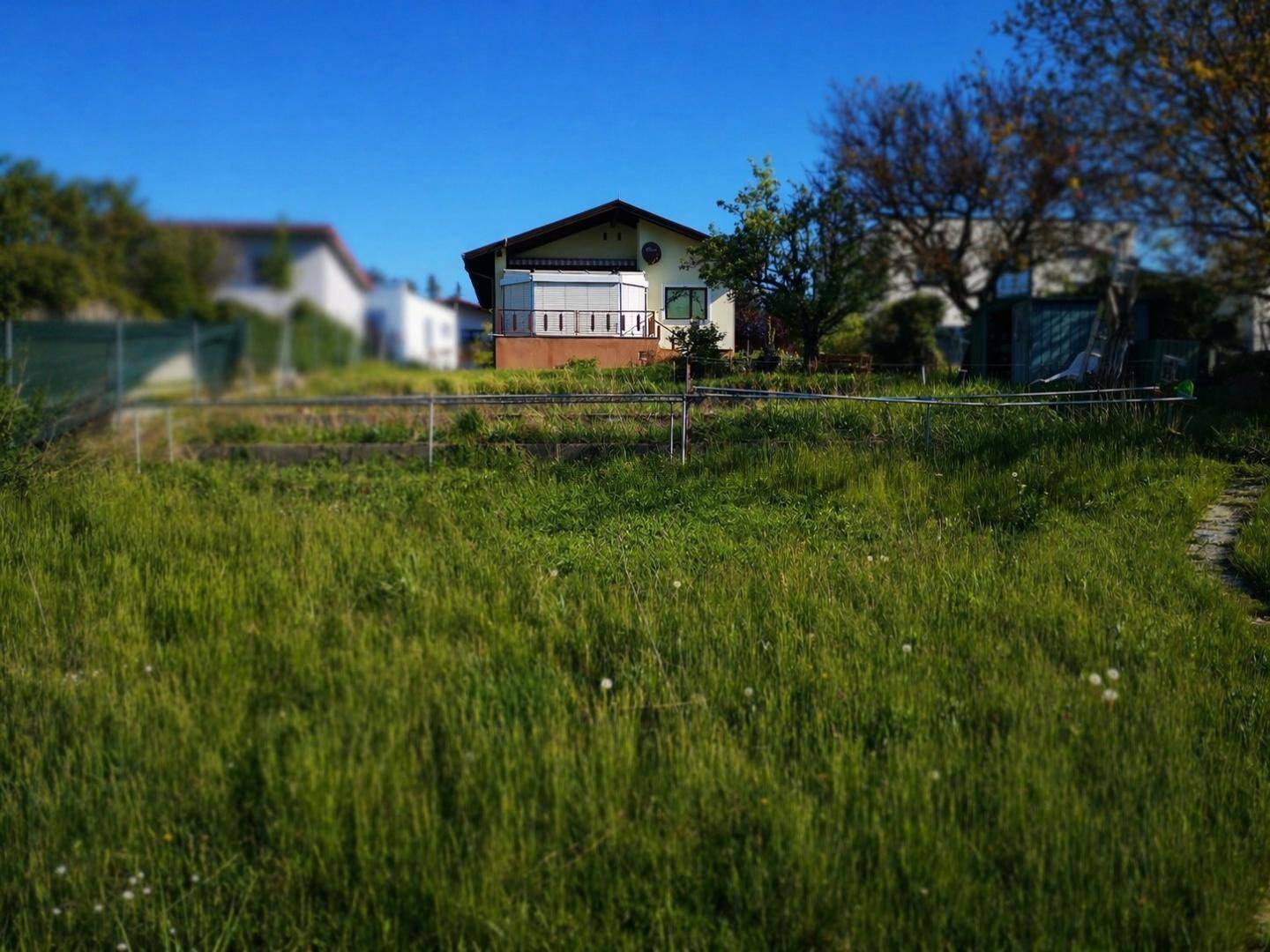 Weitläufige Ansicht des Hauses von einem grünen Feld aus, umgeben von Natur.