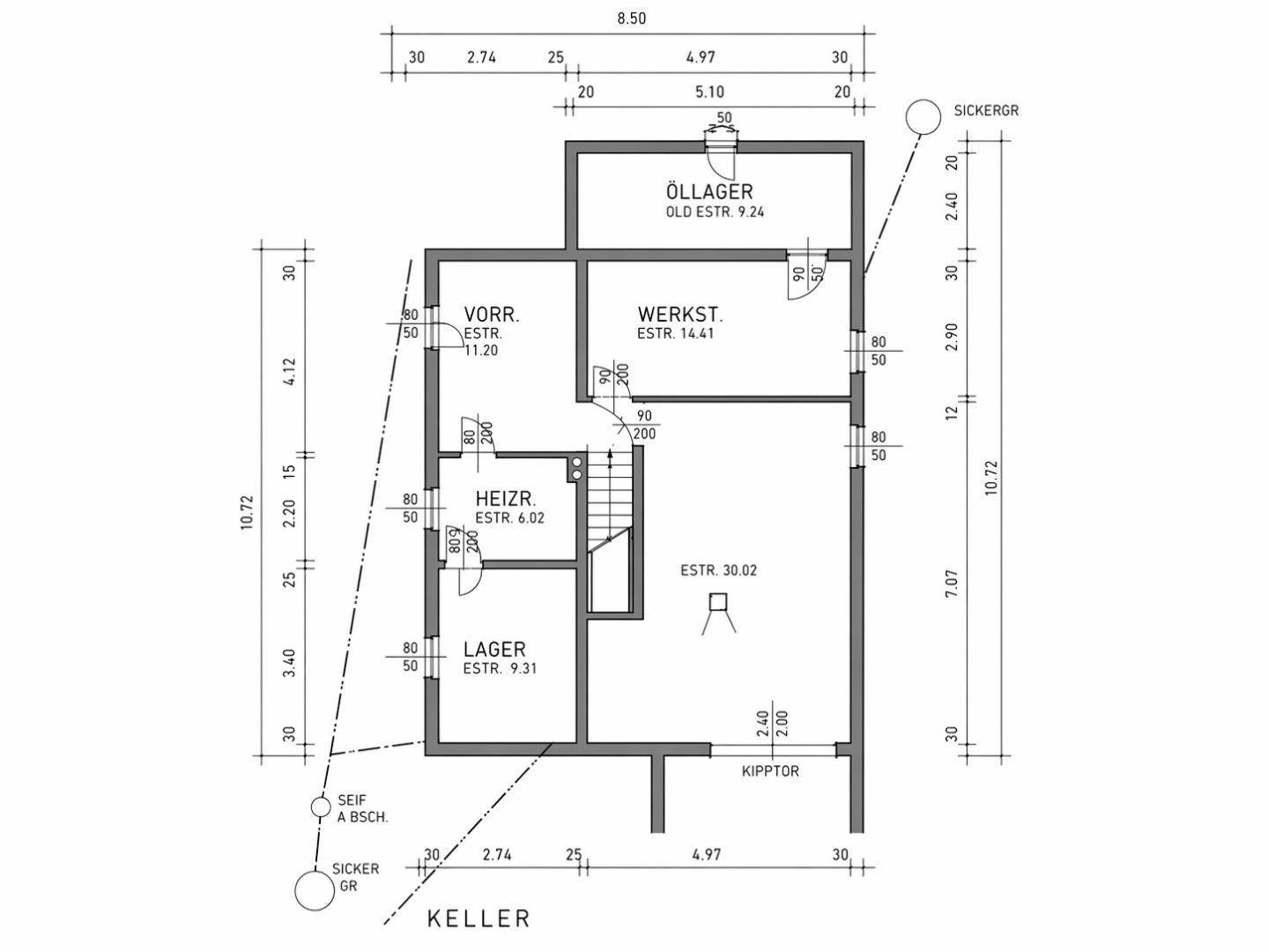 Grundriss des Kellers mit Lagerräumen, Heizraum und Werkstatt.