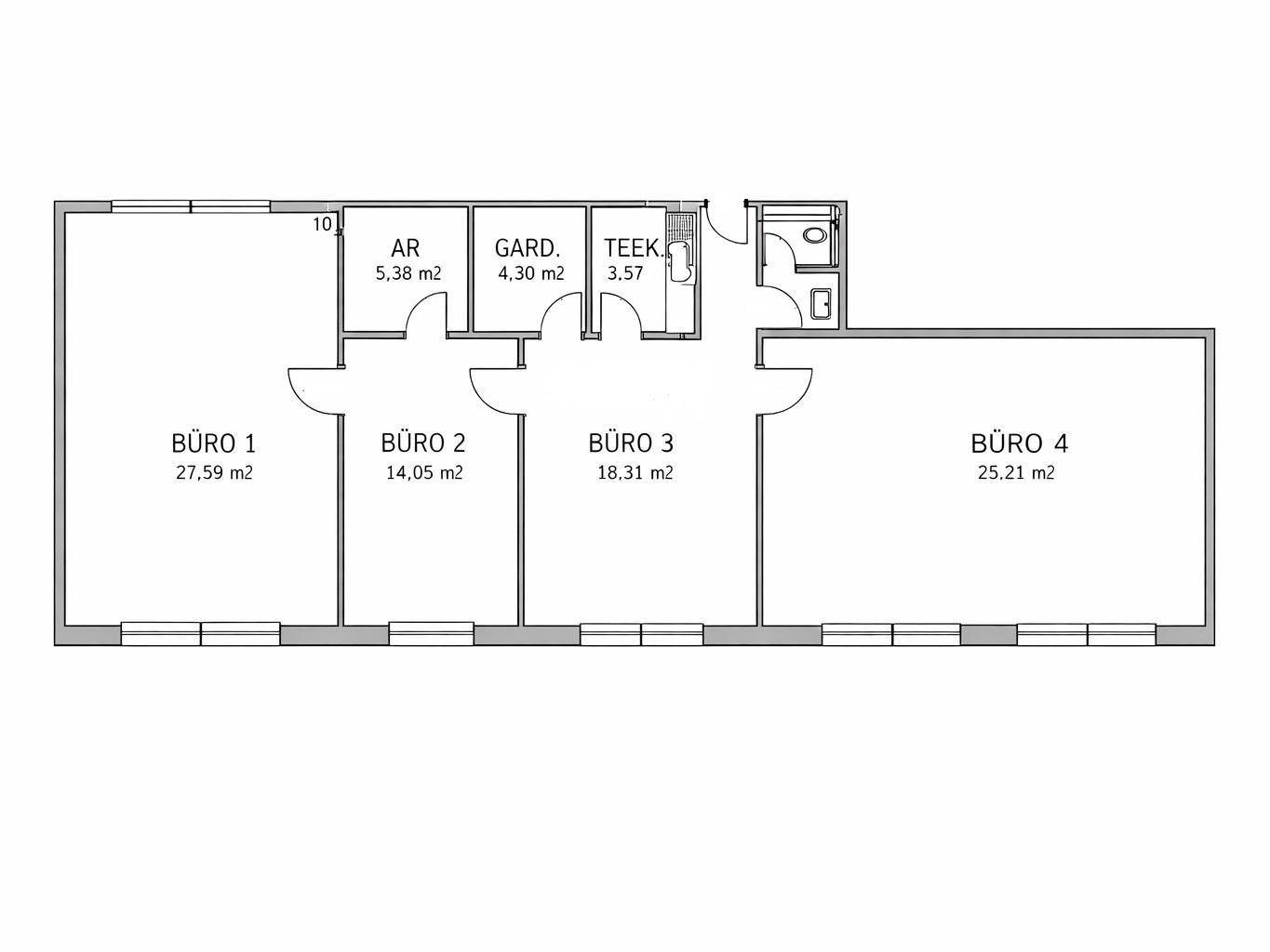 Grundrissplan mit vier Büroräumen, Abstellraum, Garderobe, Teeküche und Badezimmer.