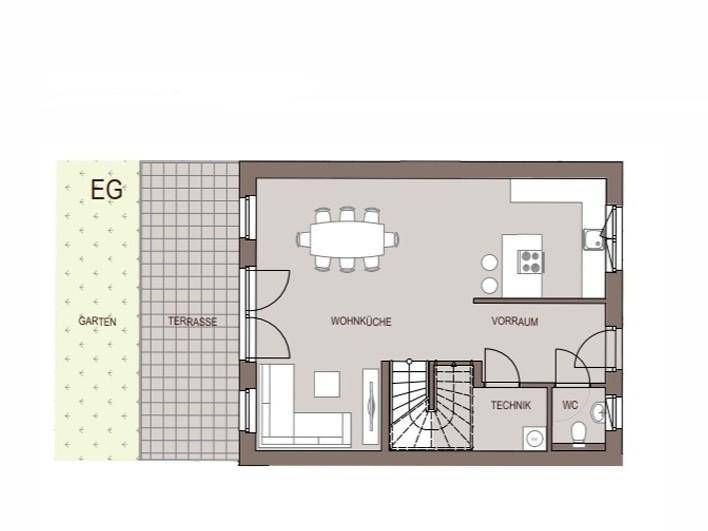Grundriss des Erdgeschosses mit offener Wohnküche, Terrasse und Garten.