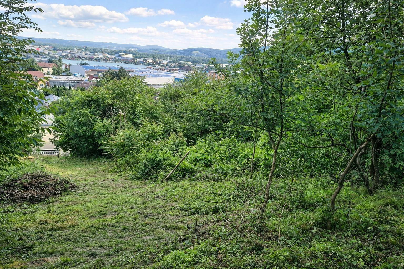 Grüne, leicht bewachsene Hanglage mit Blick auf die umliegende Stadt und Landschaft.