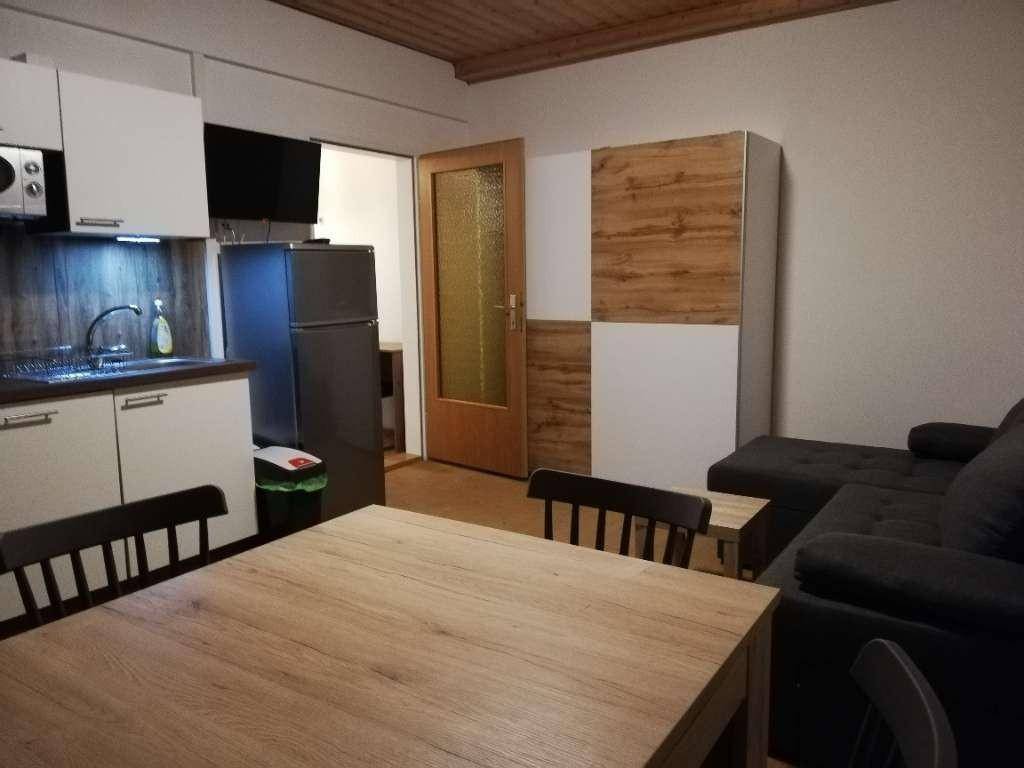 Kombinierter Wohn-Essbereich mit kleiner Küchenzeile, Esstisch und Sofa.