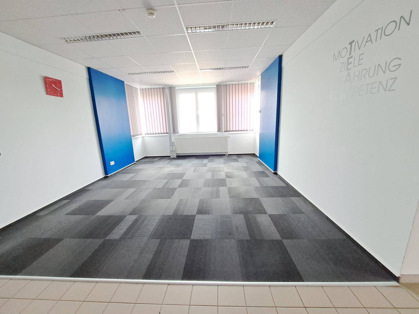 Helles Büro mit Teppichfliesen, blauen Akzentwänden und inspirierendem Schriftzug an der Wand.