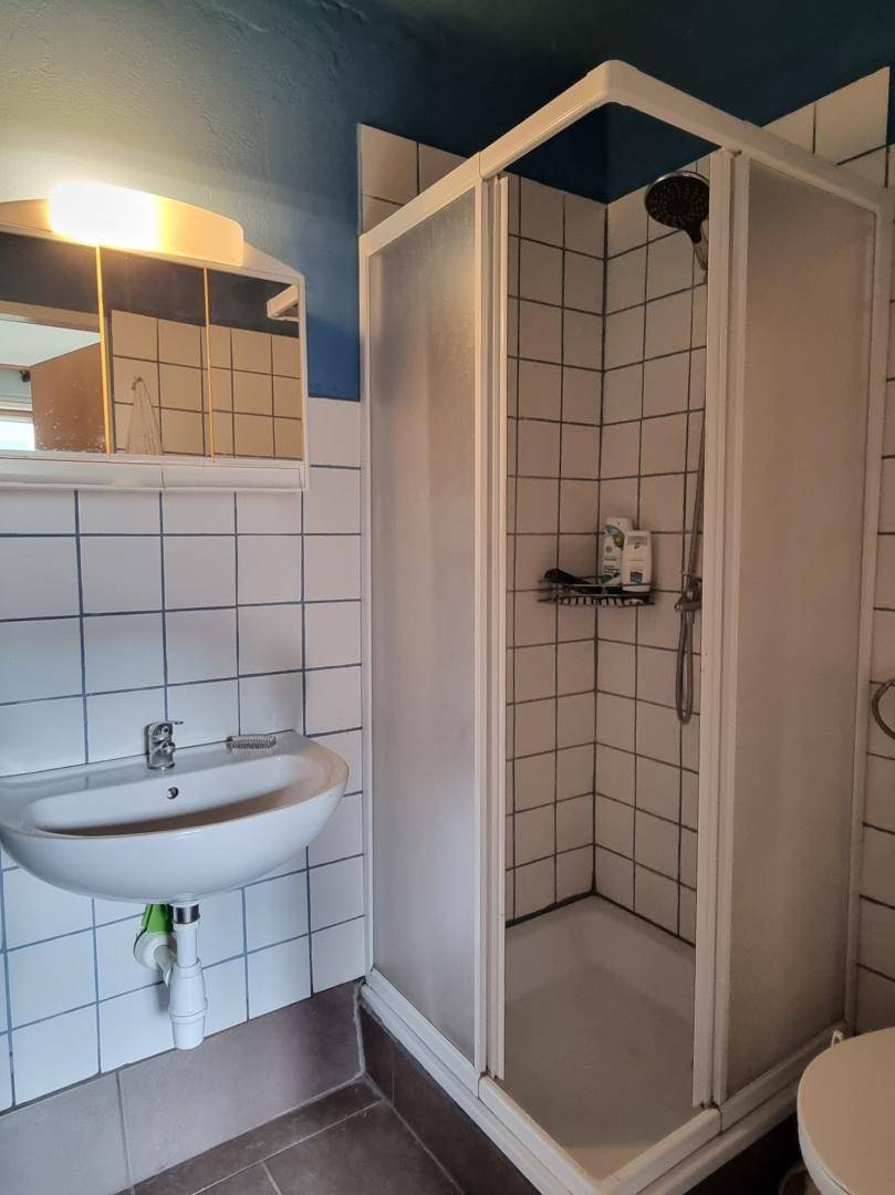 Badezimmer mit Duschkabine, Waschbecken und Spiegel, gefliest in Weiß und Blau.