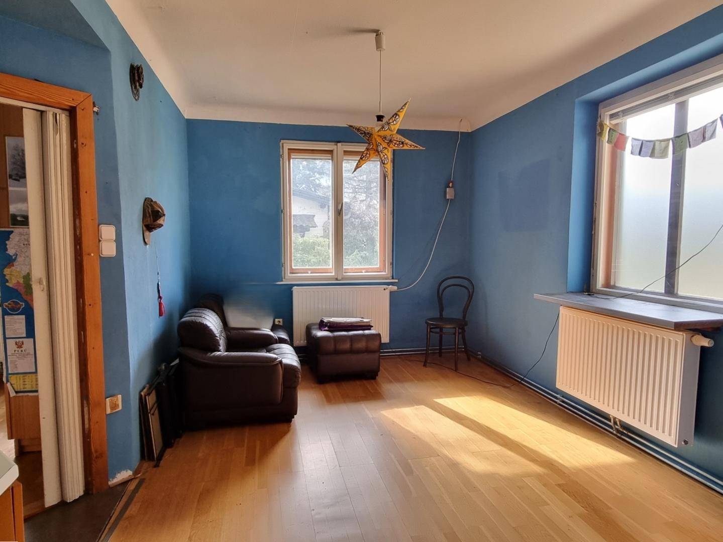 Wohnzimmer mit blauen Wänden, Holzboden und zwei Fenstern, die viel Licht spenden.