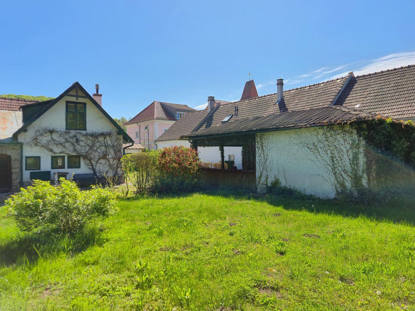 Großer, sonniger Gartenbereich hinter dem Haus mit viel Grün und Blick auf die Nachbarschaft.