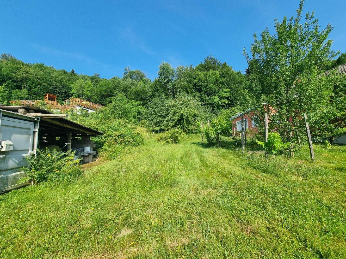Hanglage mit grünem Garten, einem Schuppen und einem roten Gebäude im Hintergrund.