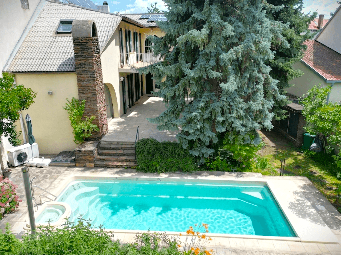 Luftaufnahme des Anwesens mit Haus, großem Swimmingpool und weitläufigem Gartenbereich.