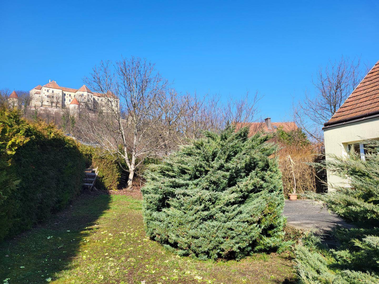 Gartenbereich mit Sträuchern und freiem Blick auf die historische Burg.