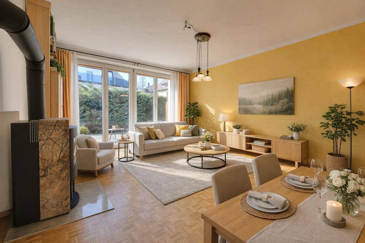 Visualisierung eines modernen Wohn-Essbereichs mit Kaminofen und Terrassenzugang.