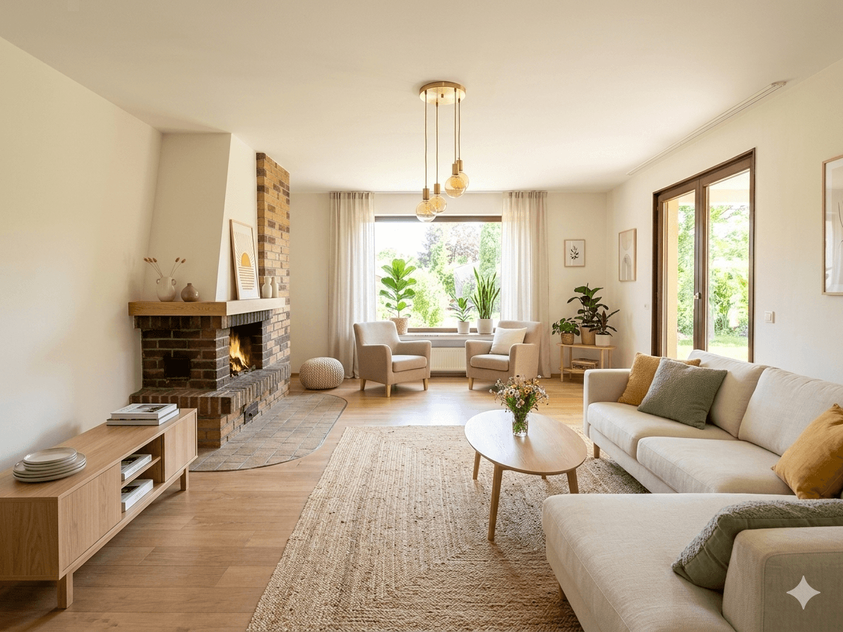 Gemütliches Wohnzimmer mit Kamin, Holzboden, modernen Möbeln und Blick in den Garten.