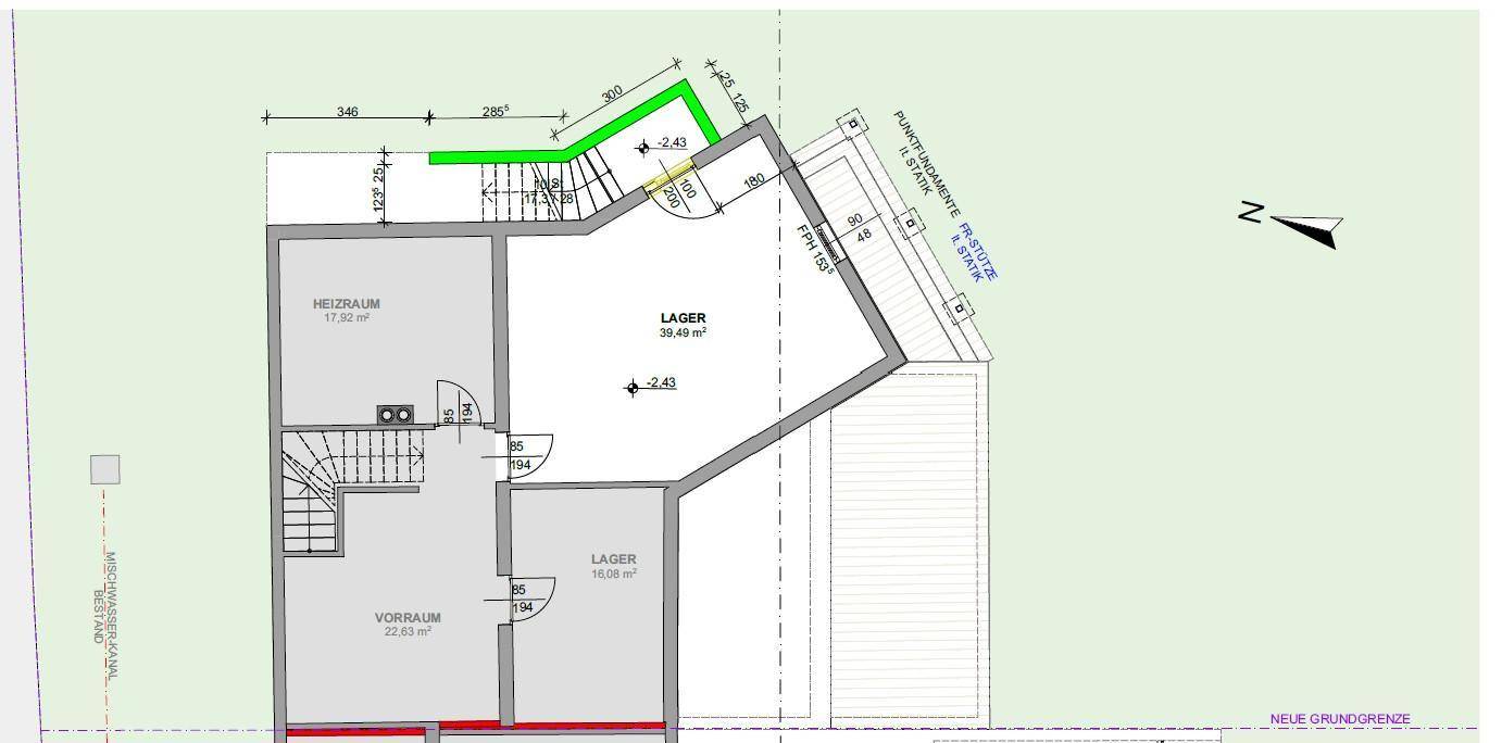 Grundriss des Untergeschosses mit Heizraum und Lagerräumen.