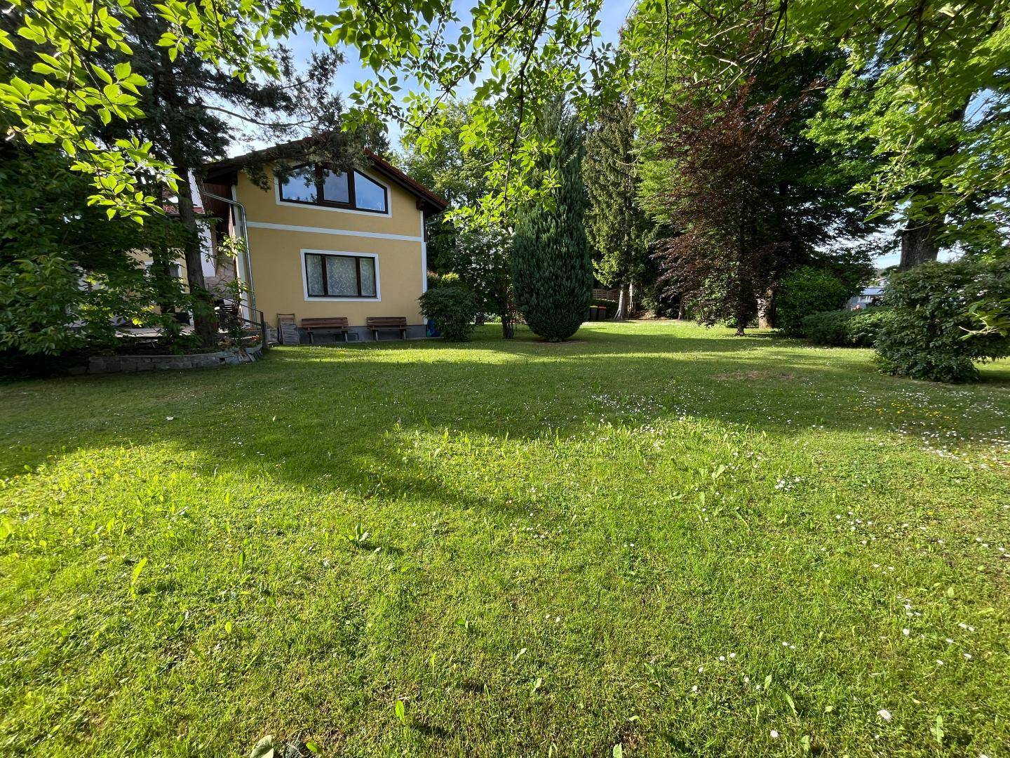 Weitläufiger grüner Garten mit Rasenfläche und Blick auf das Haus.