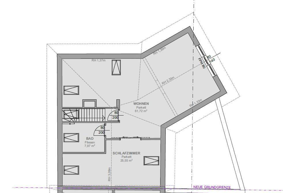 Grundriss des Dachgeschosses mit Wohnbereich, Schlafzimmer und Bad.