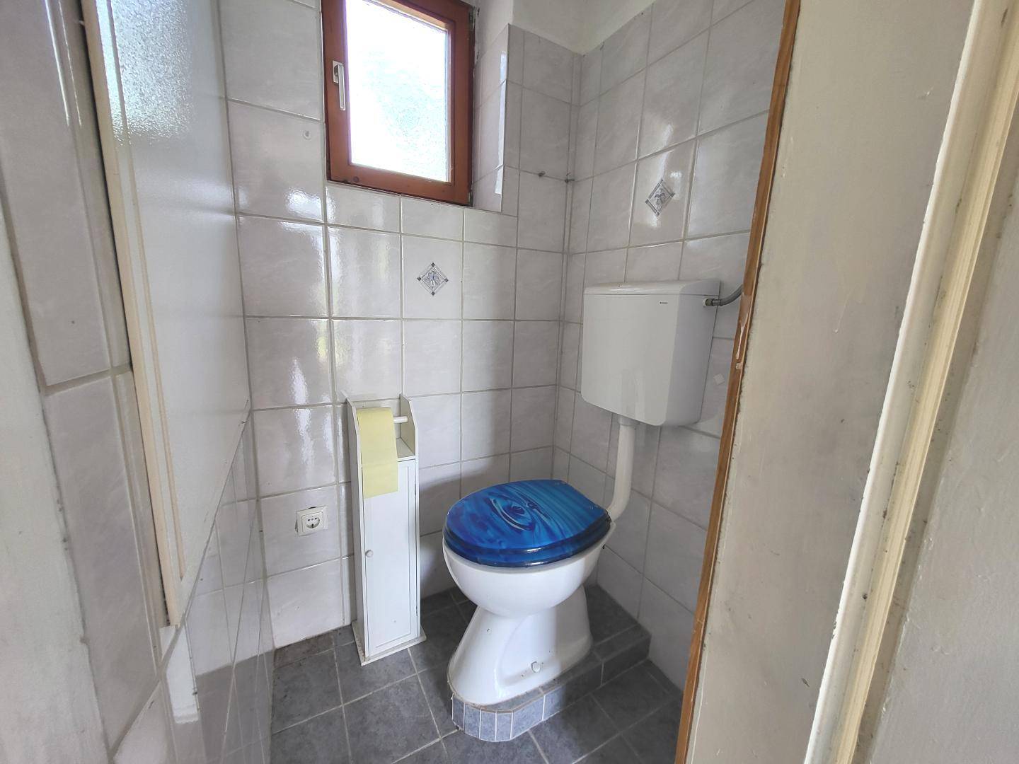 Kleines WC mit gefliesten Wänden, einem Fenster und einer blauen Toilettenbrille.
