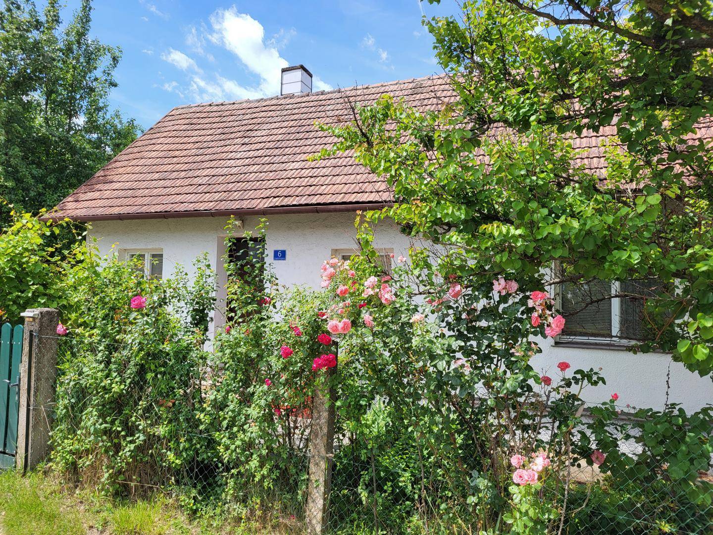 Charmantes Haus mit rotem Ziegeldach, umgeben von blühenden Rosenbüschen und üppigem Grün im Vorgarten.