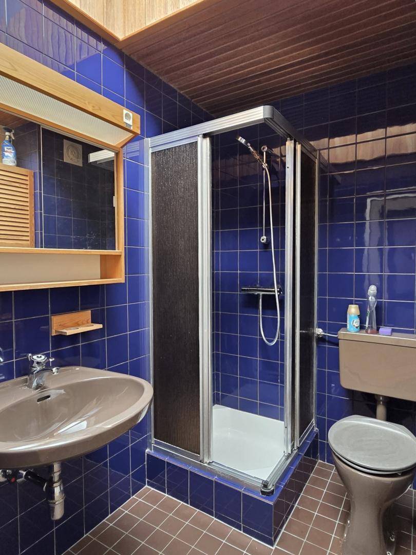 Badezimmer mit blauen Wand- und braunen Bodenfliesen, ausgestattet mit Duschkabine, Waschbecken und WC.