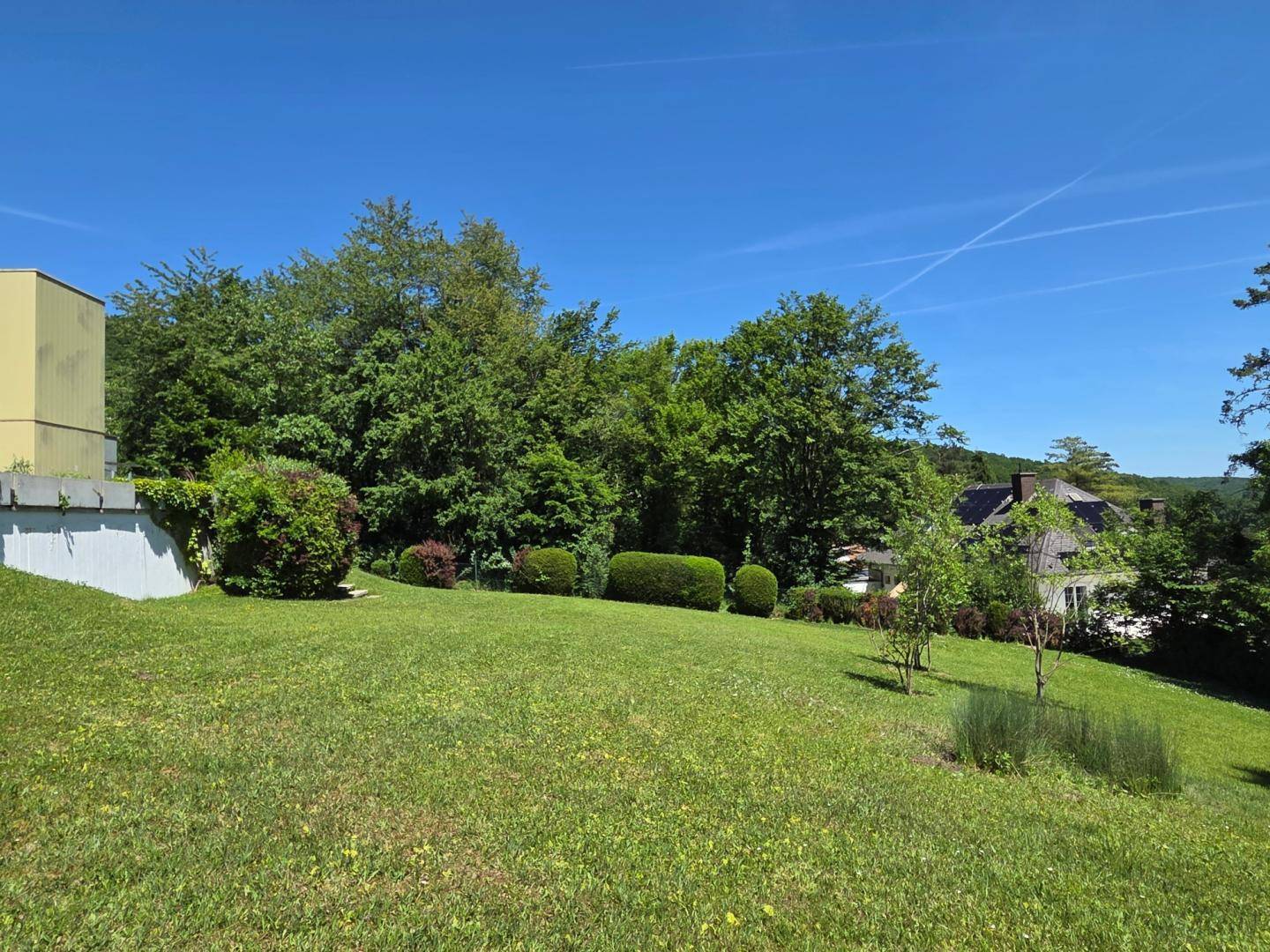 Gepflegte Rasenfläche im Garten mit üppiger Bepflanzung und Blick auf die Umgebung des Hauses.