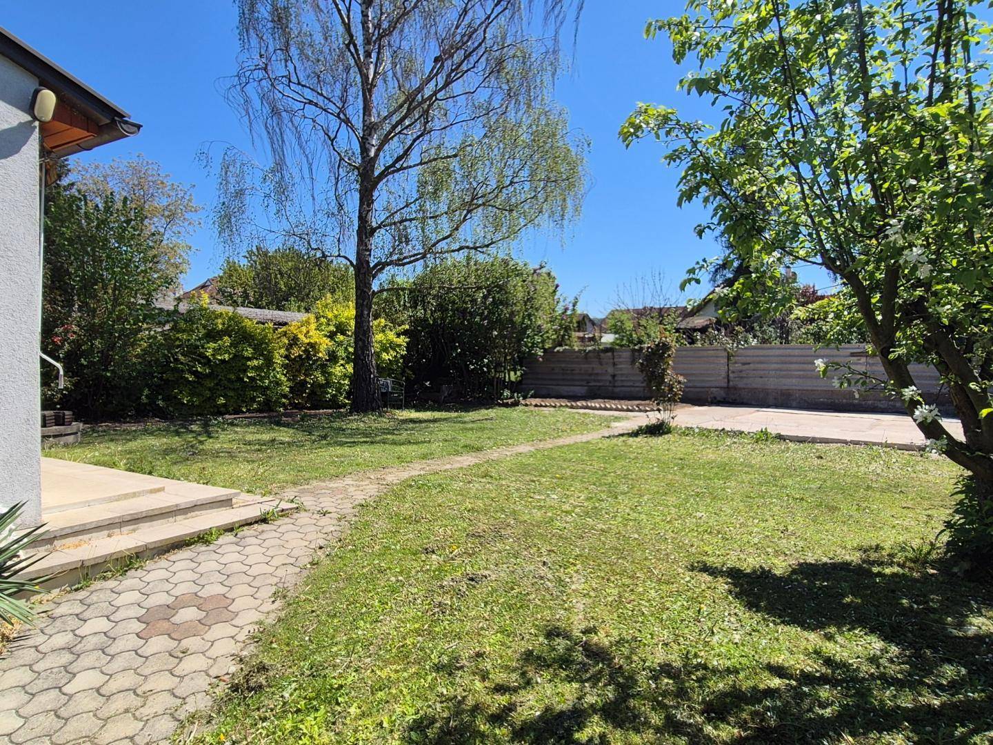 Gepflegter Gartenbereich mit Rasenfläche, Bäumen und einem gepflasterten Weg an einem sonnigen Tag.