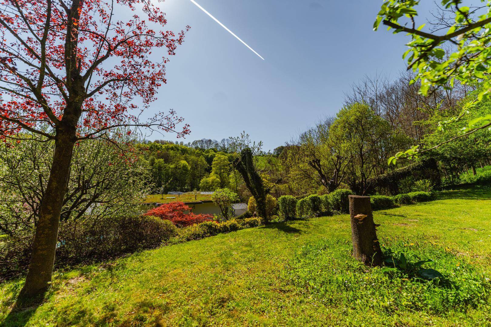 Weitläufiger, gepflegter Garten mit üppigem Grün und Blick auf die umliegende Natur.