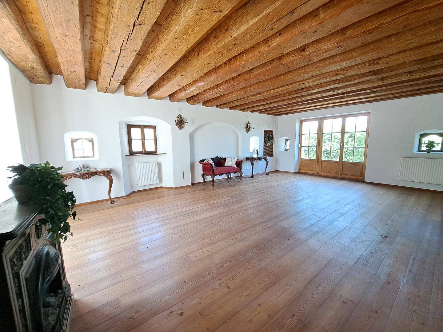 Helles Wohnzimmer mit Holzbalkendecke, Dielenboden und Zugang zum Außenbereich.