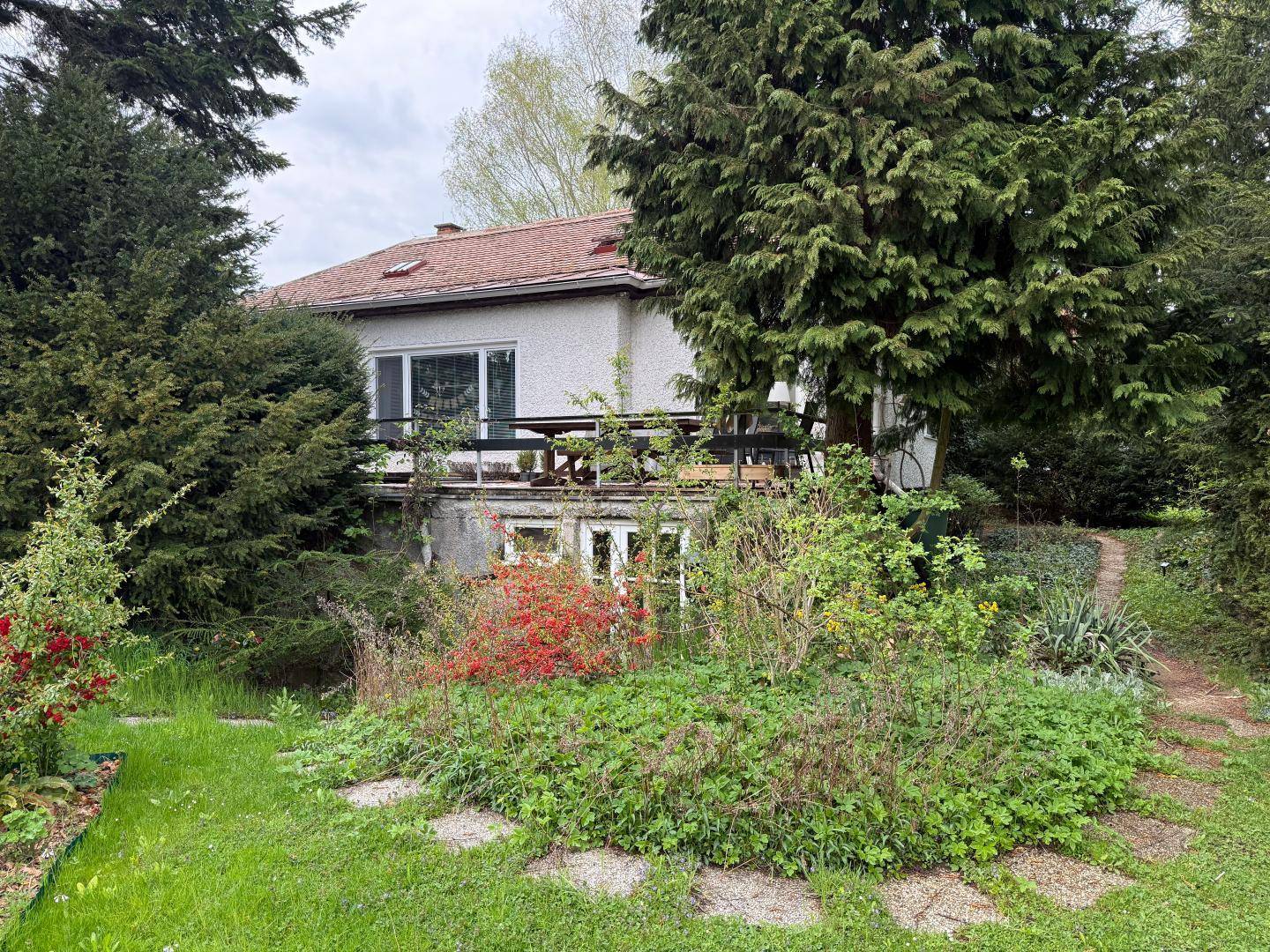Blick auf die Rückseite des Hauses mit einer erhöhten Terrasse und einem üppigen, grünen Garten.