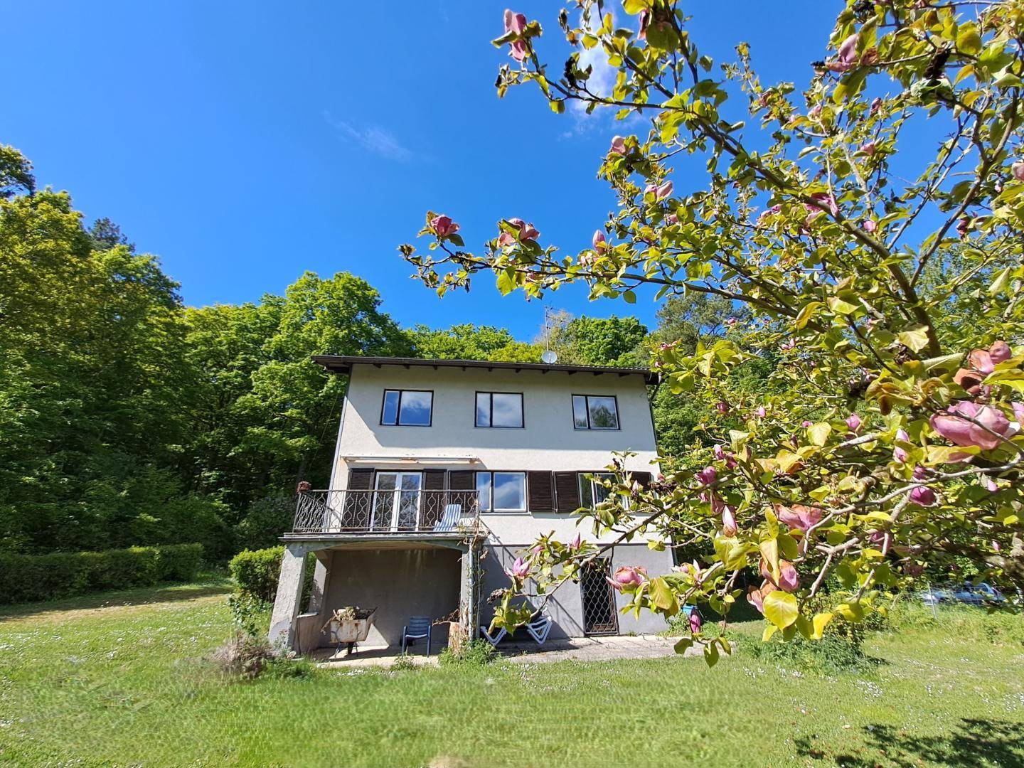 Fassade eines Hauses mit Balkon, umgeben von viel Grün und Bäumen unter blauem Himmel.