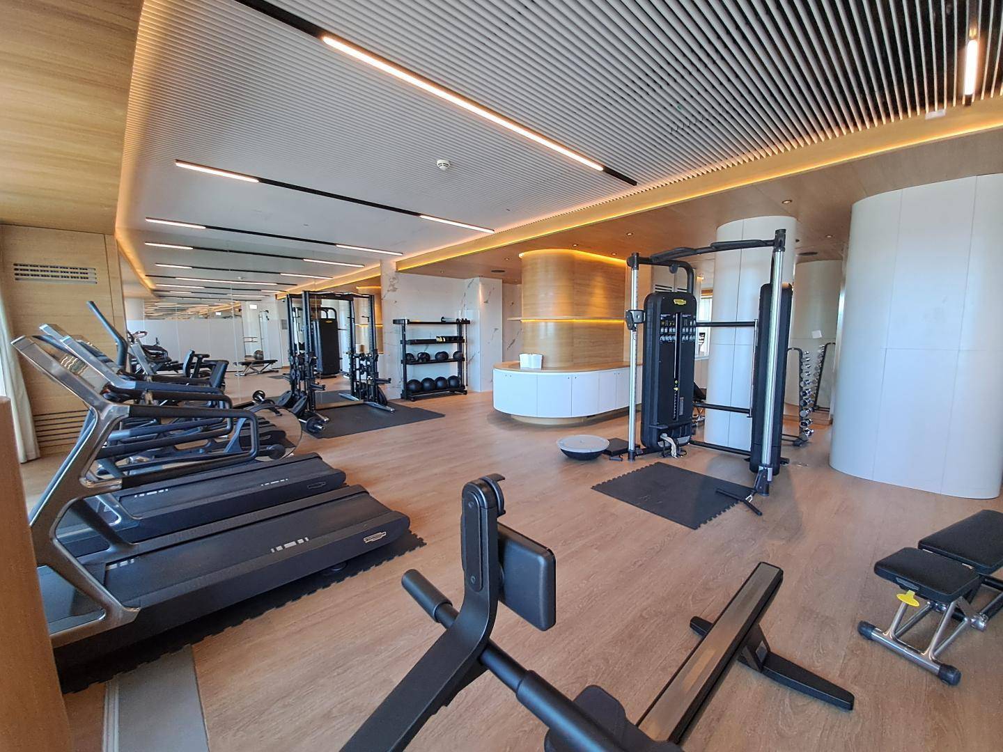 Moderner Fitnessraum mit einer Vielzahl an Trainingsgeräten und Holzfußboden.