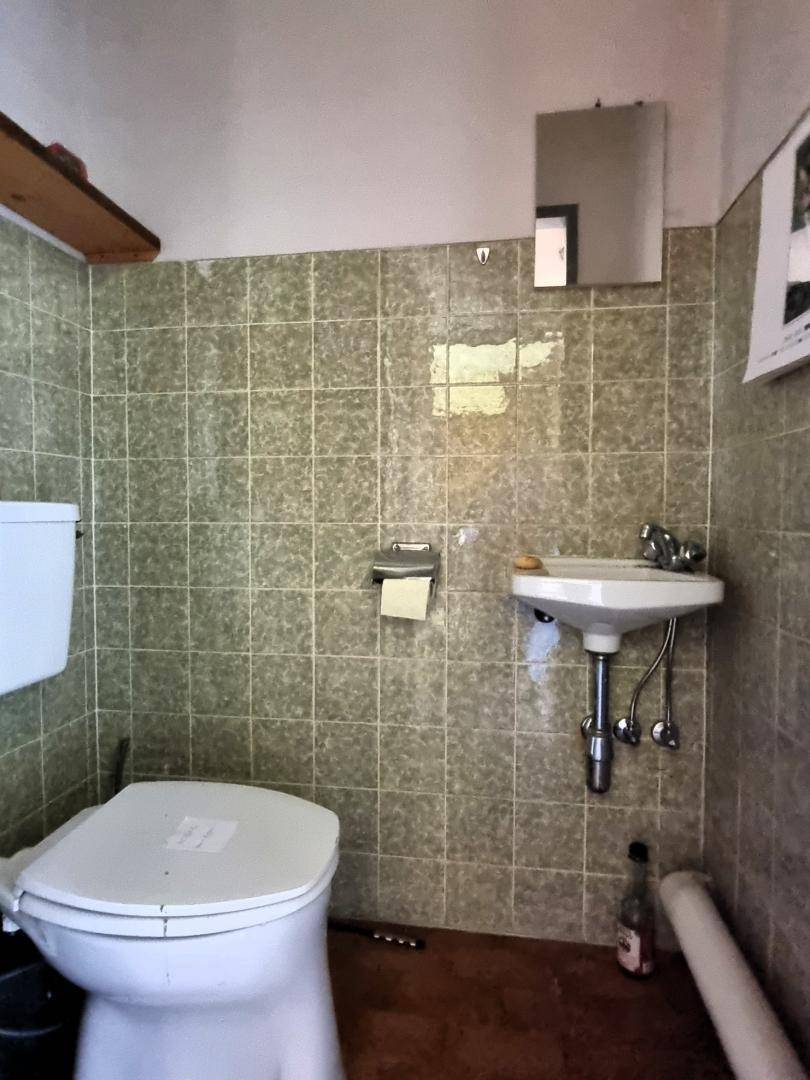 Separate Toilette mit grünen Fliesen an den Wänden und einem kleinen Waschbecken.