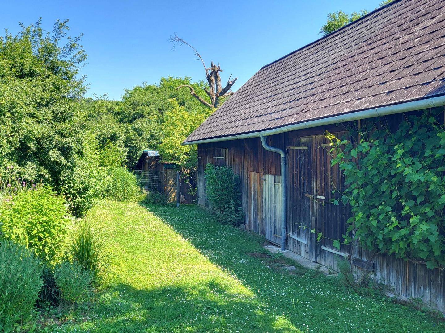 Rustikaler Holzschuppen mit braunem Dach, umgeben von grünem Gras und Bäumen.