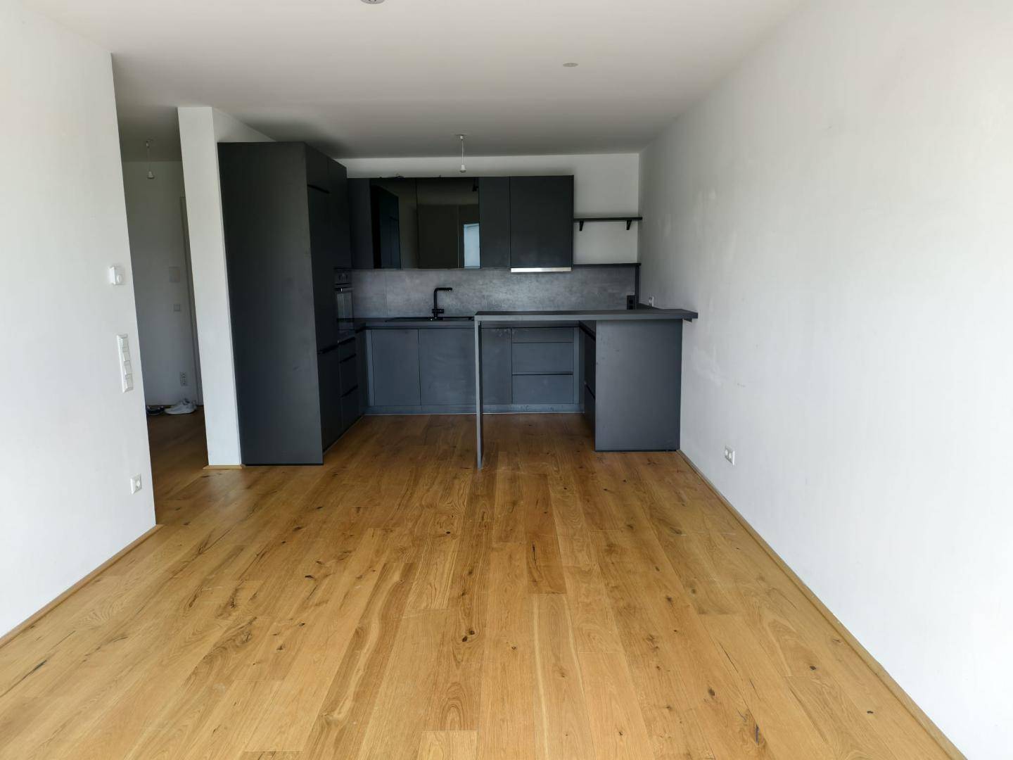 Moderner Küchenbereich mit dunklen Schränken, Holzboden und offener Gestaltung.