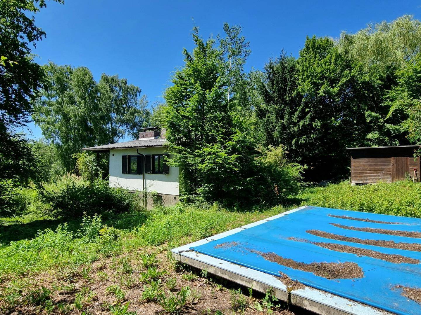 Gartenbereich mit einem abgedeckten Pool und viel Grünfläche um das Haus herum.