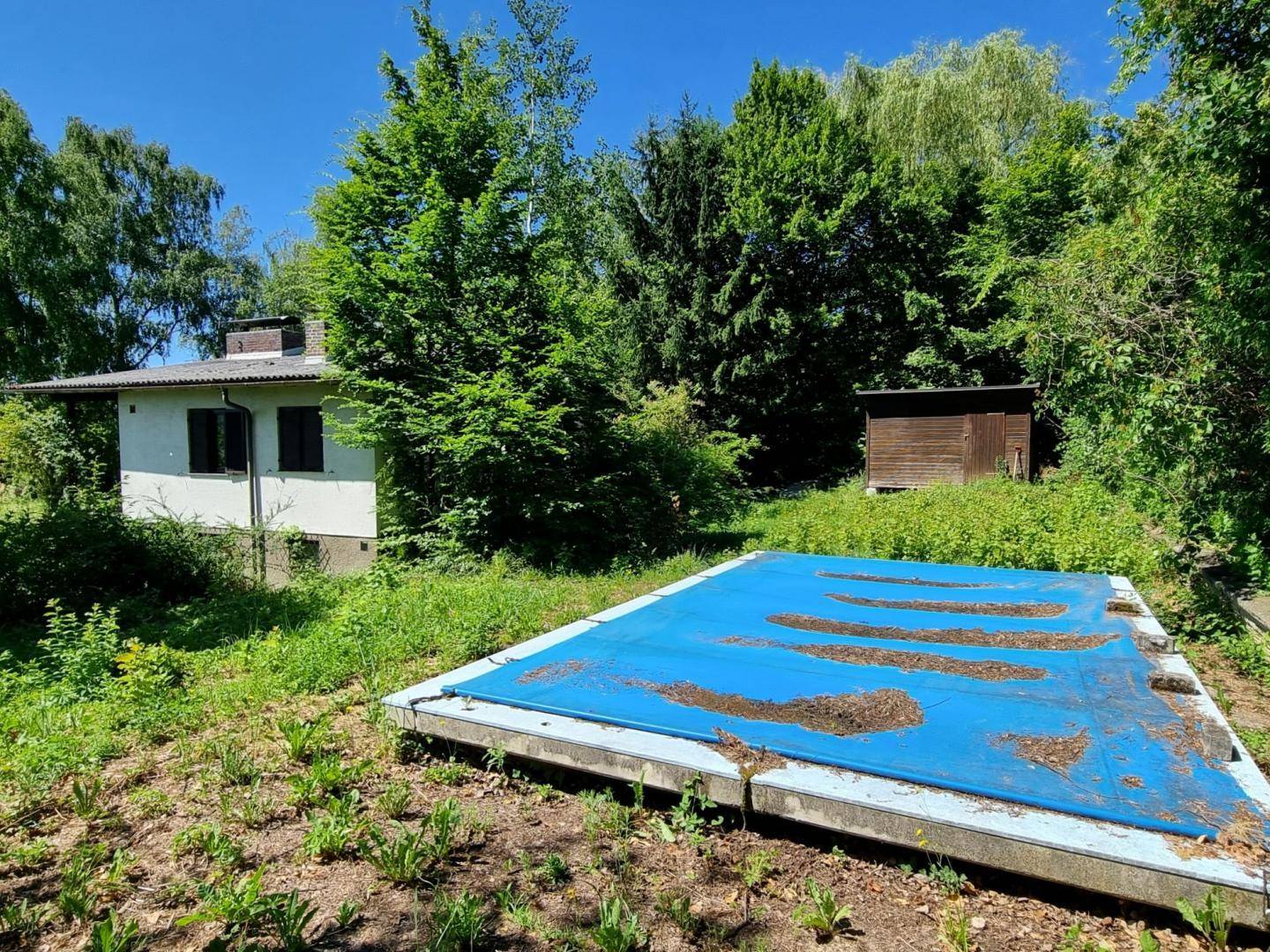 Weitläufiger Garten mit einem abgedeckten Schwimmbecken und einem kleinen Gartenhaus.
