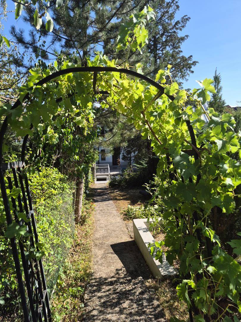 Gartenweg unter einem bewachsenen Bogen, der zu einem weiteren, grünen Bereich des Gartens führt.