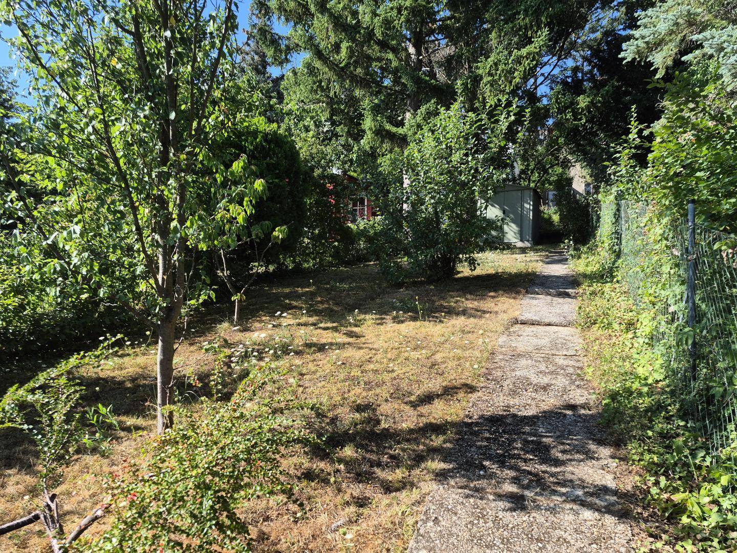 Garten mit einem gepflasterten Weg, Rasenfläche und einem kleinen Geräteschuppen im Hintergrund.